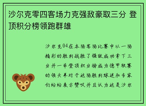 沙尔克零四客场力克强敌豪取三分 登顶积分榜领跑群雄