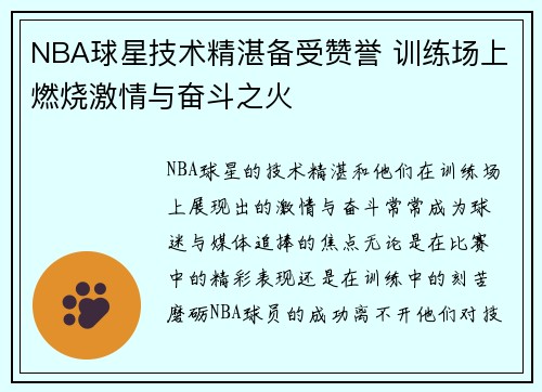 NBA球星技术精湛备受赞誉 训练场上燃烧激情与奋斗之火