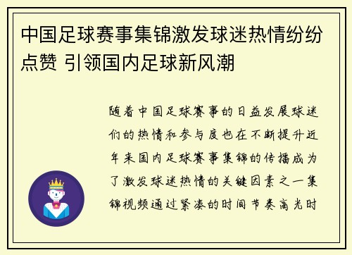 中国足球赛事集锦激发球迷热情纷纷点赞 引领国内足球新风潮