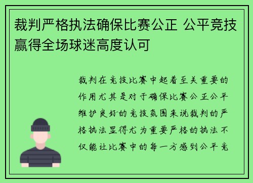 裁判严格执法确保比赛公正 公平竞技赢得全场球迷高度认可