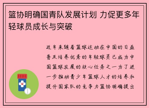 篮协明确国青队发展计划 力促更多年轻球员成长与突破