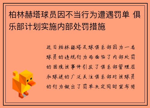 柏林赫塔球员因不当行为遭遇罚单 俱乐部计划实施内部处罚措施