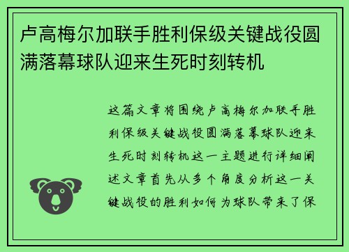 卢高梅尔加联手胜利保级关键战役圆满落幕球队迎来生死时刻转机